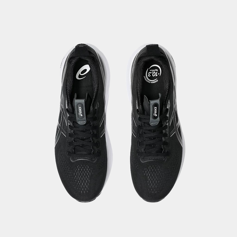 Asics Gel-Kayano 32 running shoes in black with breathable mesh upper and lace-up closure, top view.