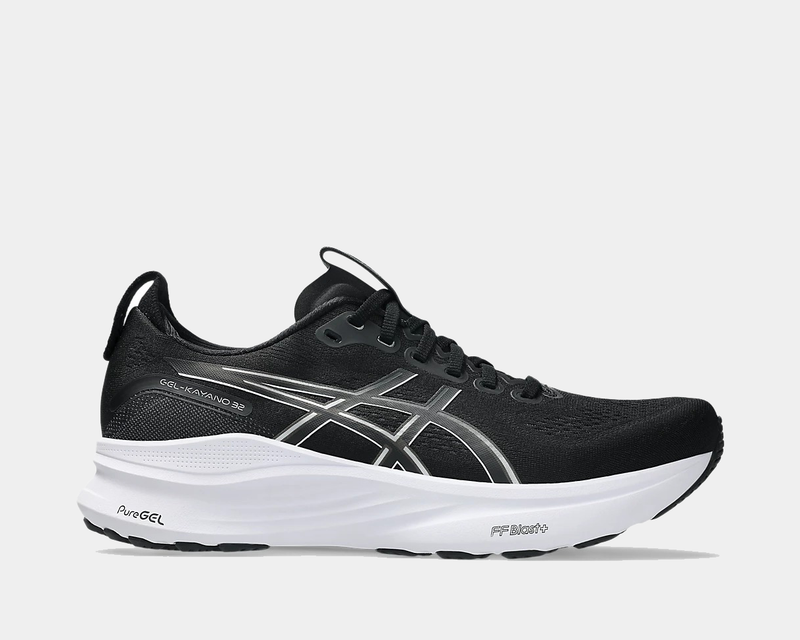 Asics Gel-Kayano 32 running shoes in black with mesh upper, silver accents, and PureGEL cushioning, side view.
