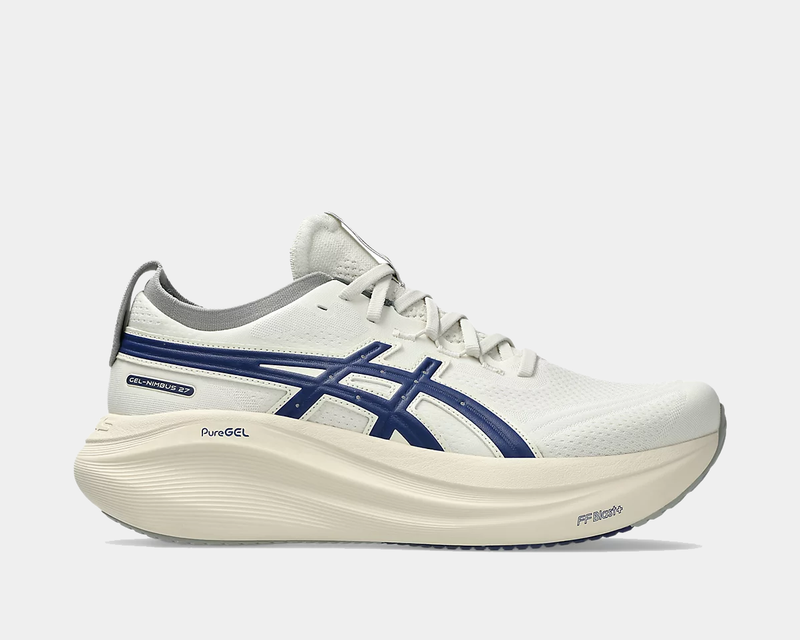A pair of Asics GEL-Nimbus 27 Track Club running shoes with white and blue colors and a thick sole.