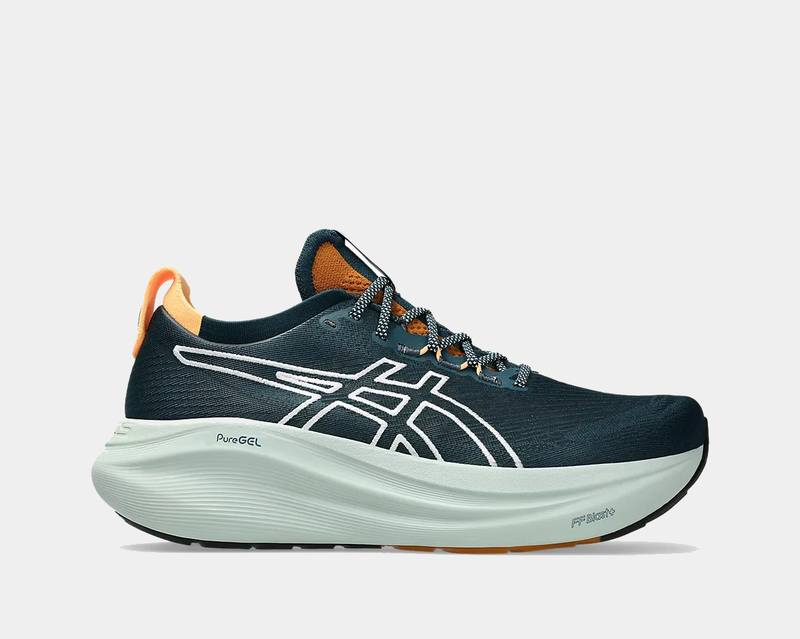 Asics GEL-Nimbus 27 TR running shoes in dark teal with orange accents, lightweight mesh upper, and PureGEL cushioning, side view.