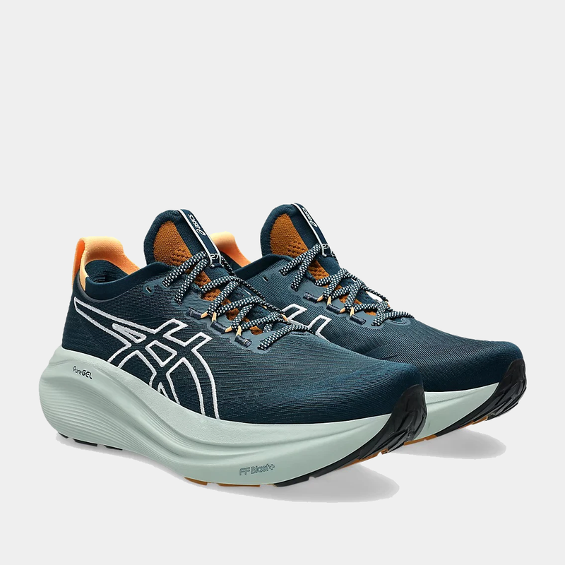 Asics GEL-Nimbus 27 TR running shoes in navy blue and white with orange accents, featuring FF BLAST+ cushioning and PureGEL technology, front angled view.