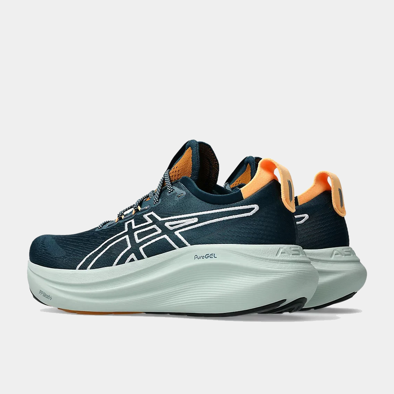 Asics GEL-Nimbus 27 TR running shoes in navy blue with orange accents, featuring PureGEL cushioning and textured midsoles, back-side view.