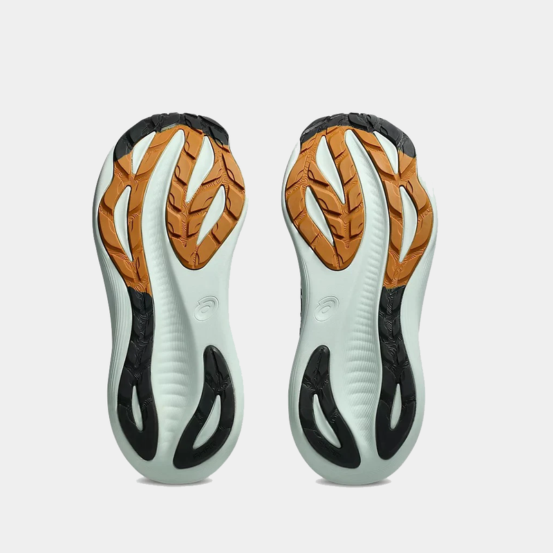 Asics GEL-Nimbus 27 TR running shoes outsole featuring orange and black rubber tread with flex grooves, bottom view.