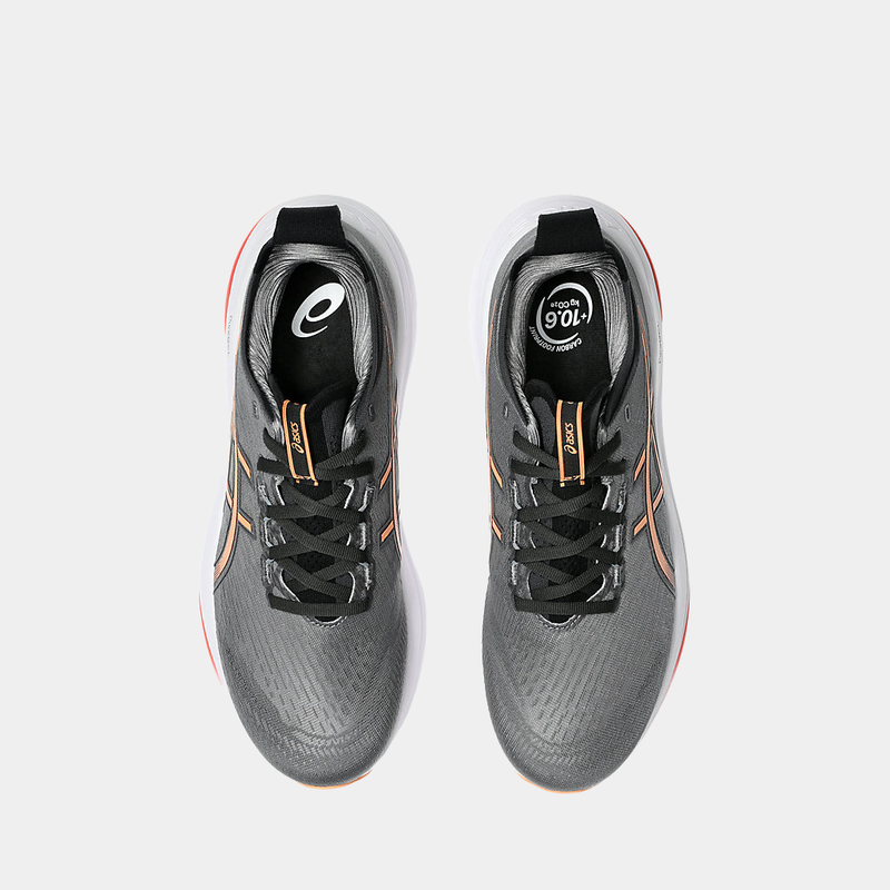 Asics Gel-Nimbus 27 running shoes in gray with orange accents, showcasing breathable mesh upper and lace system, top view.