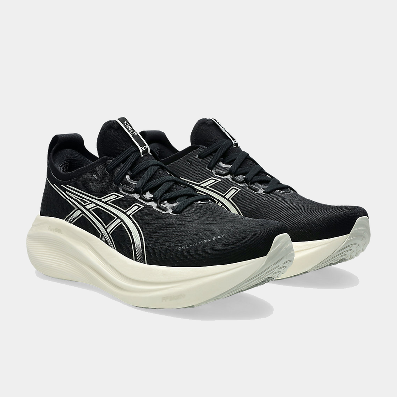Asics Gel-Nimbus 27 running shoes in black with white detailing, mesh upper, and cushioned midsole, front-side angle.
