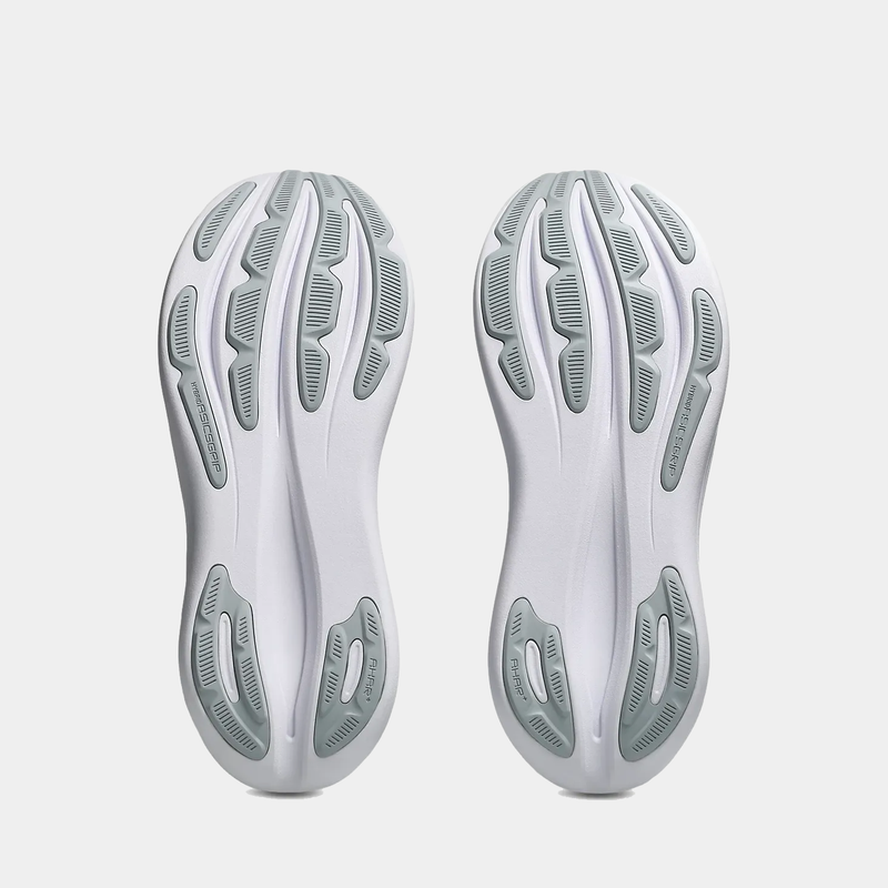 Asics Gel-Nimbus 28 ATC running shoes outsoles with durable rubber and traction grooves in white and gray.