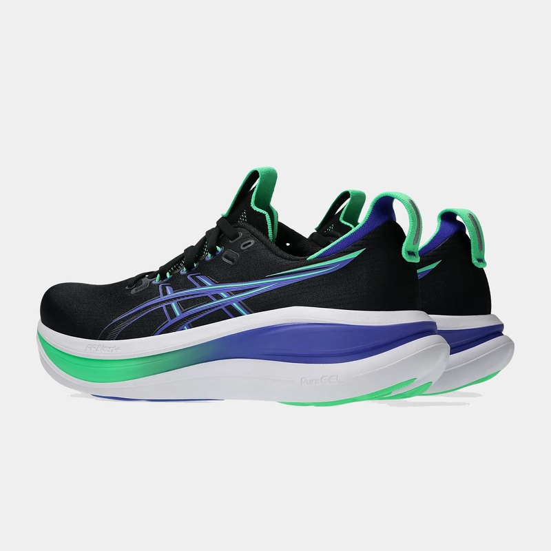 Asics Gel-Nimbus 28 running shoes in black with green and blue accents, side and back view showing cushioned sole.