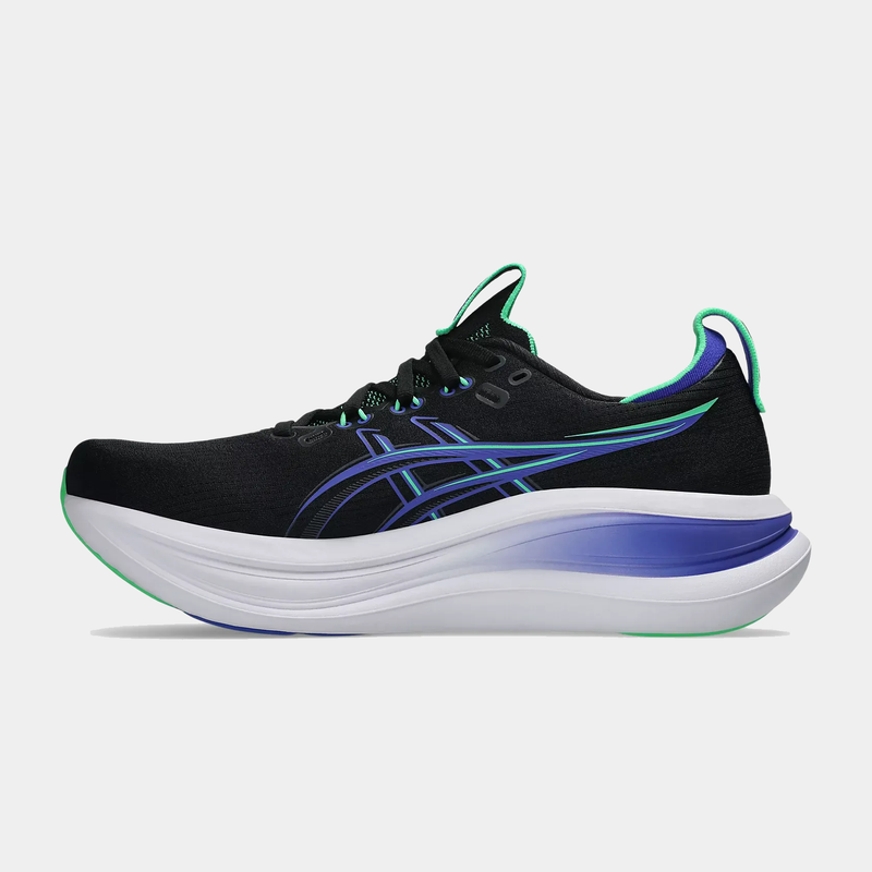 Asics Gel-Nimbus 28 running shoes in black with blue and green accents, featuring a cushioned midsole, side view