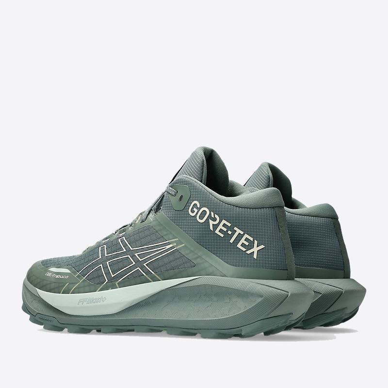Asics Gel Trabuco 13 MT GTX trail running shoes in sage green with GORE-TEX waterproof upper and FF Blast+ cushioning, side view.