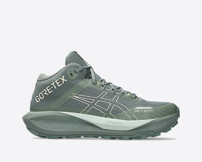 Asics Gel Trabuco 13 MT GTX trail running shoes in sage green with Gore-Tex upper and FF Blast+ cushioning, side view.