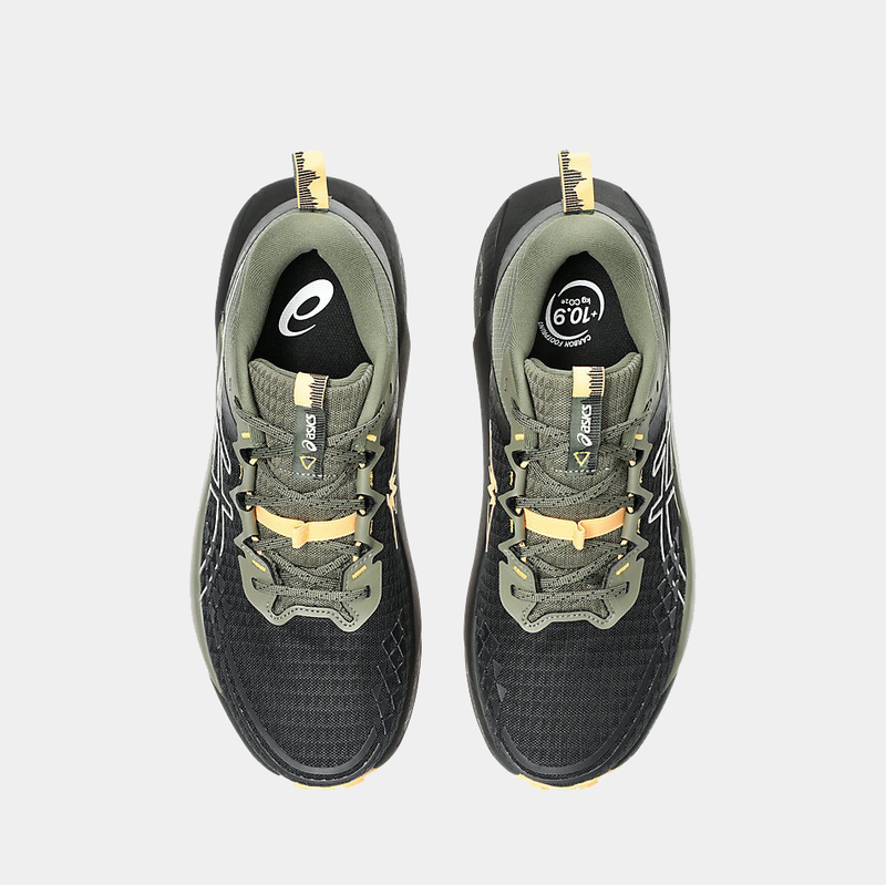 Asics Gel Trabuco 13 trail running shoes top view in black and olive green with durable mesh upper and secure lace system.