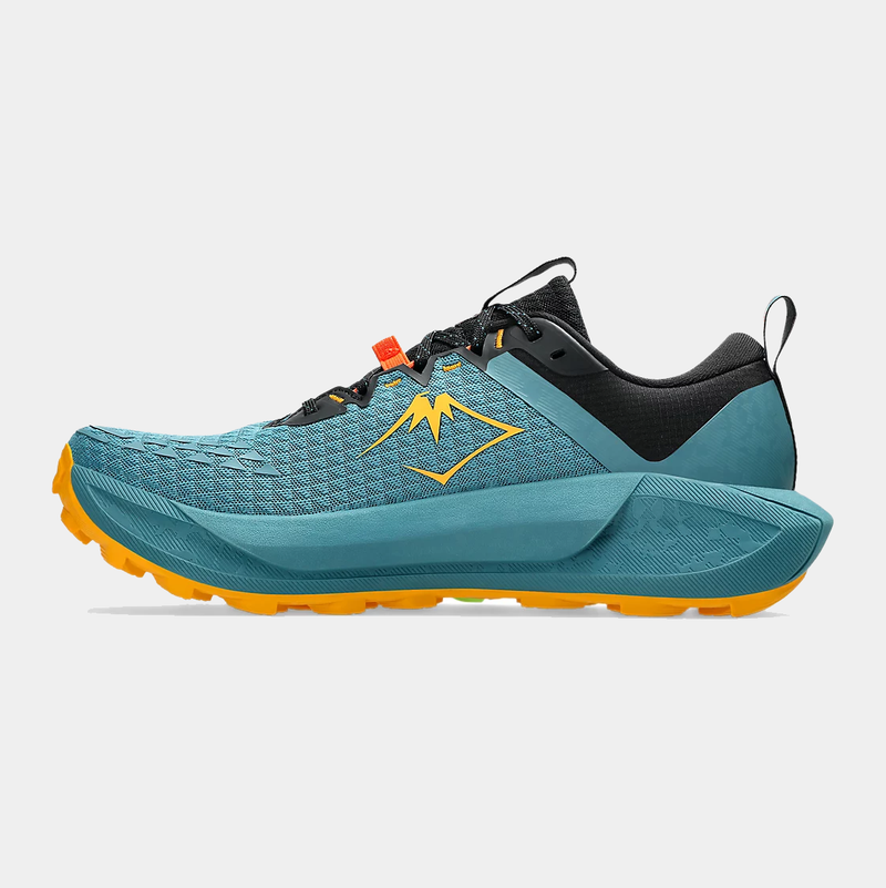 Asics Gel Trabuco 13 trail running shoes in teal blue with black accents, yellow outsole, and mesh upper, side view.