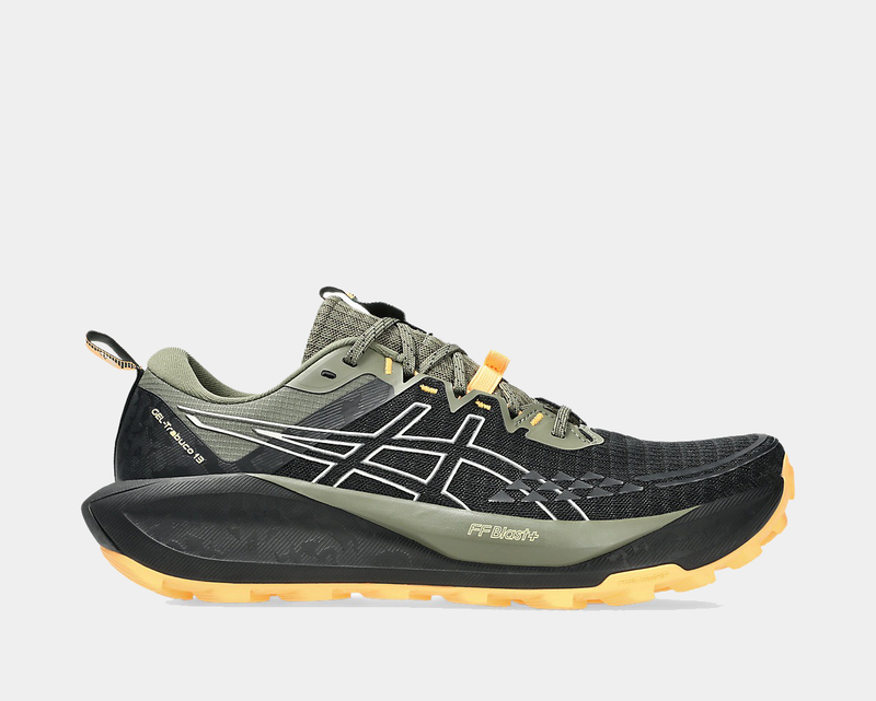 Asics Gel Trabuco 13 trail running shoes in black and olive green with mesh upper, FF Blast+ cushioning, and yellow outsole, side view.
