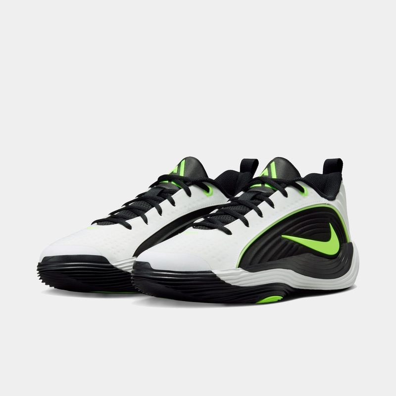 Nike Giannis Immortality 5 basketball shoes in white, black, and neon green, featuring a textured upper and lightweight outsole, front angle view.