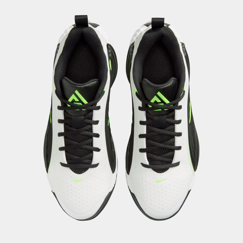 Nike Giannis Immortality 5 basketball shoes top view in white, black, and neon green featuring perforated upper and lace system.
