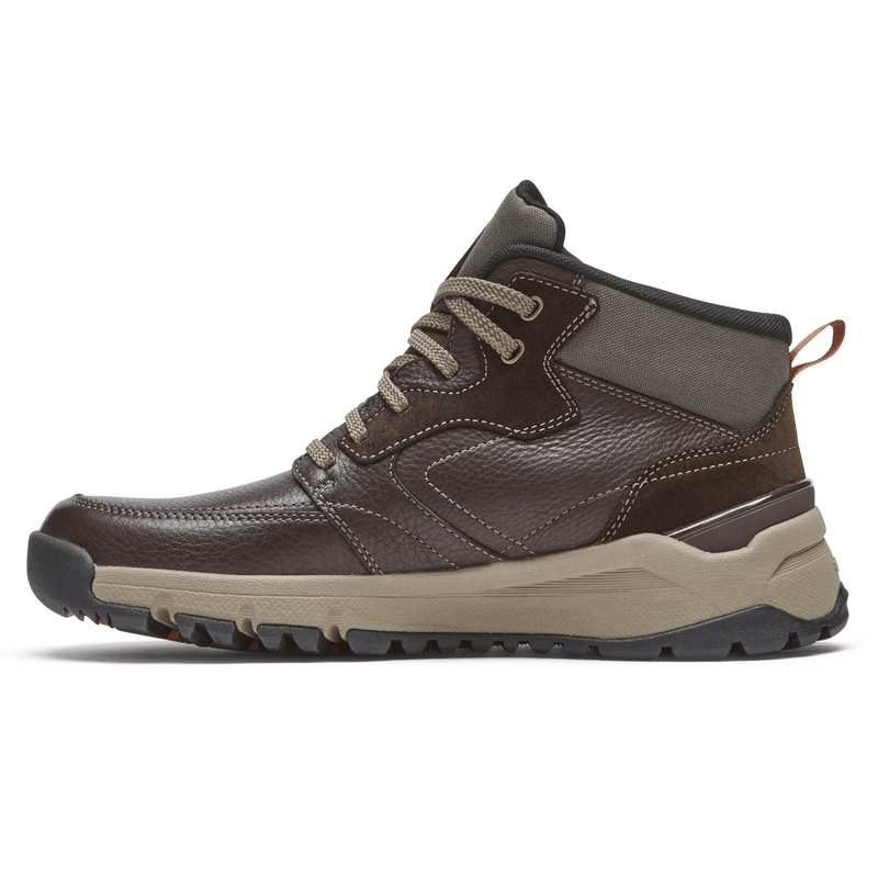 Dunham Glastonbury Mid Waterproof hiking boots in brown leather and suede with rugged outsole, side view.