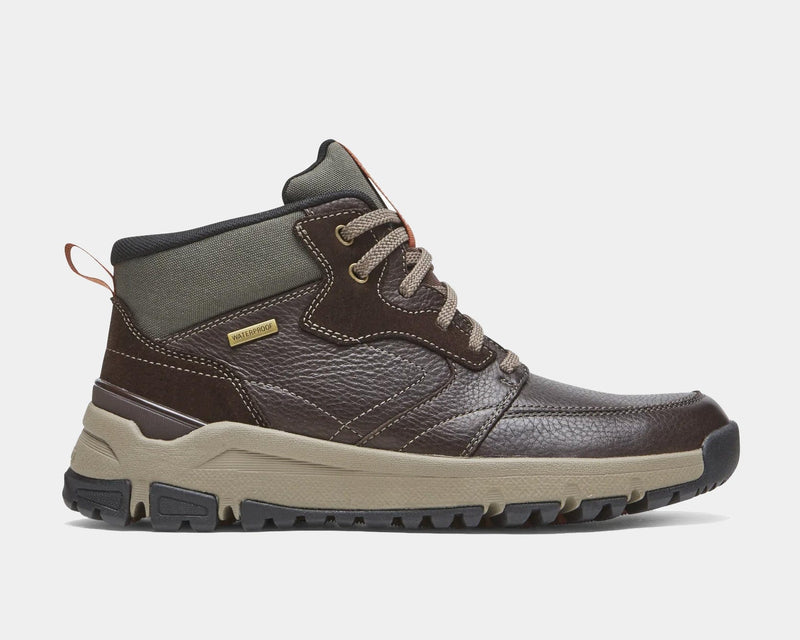 Dunham Glastonbury Mid Waterproof boots in dark brown leather and olive textile upper with rugged rubber outsole, side view.