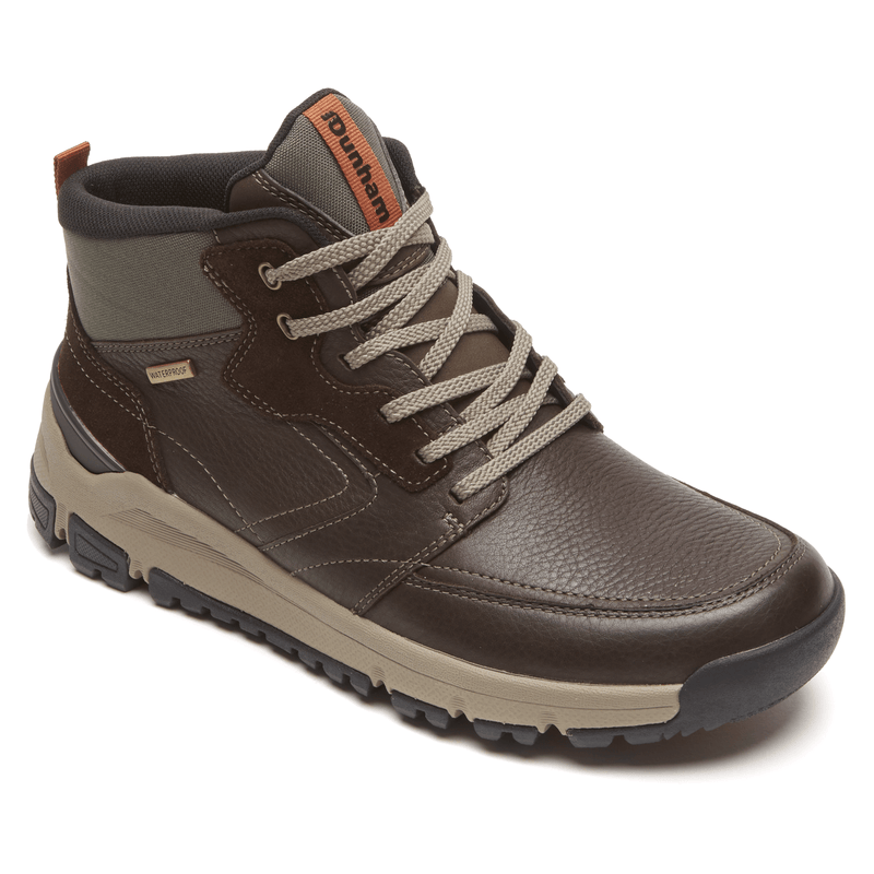 Dunham Glastonbury Mid Waterproof boots in brown leather with gray accents, durable outsole, and lace closure, angled front view.