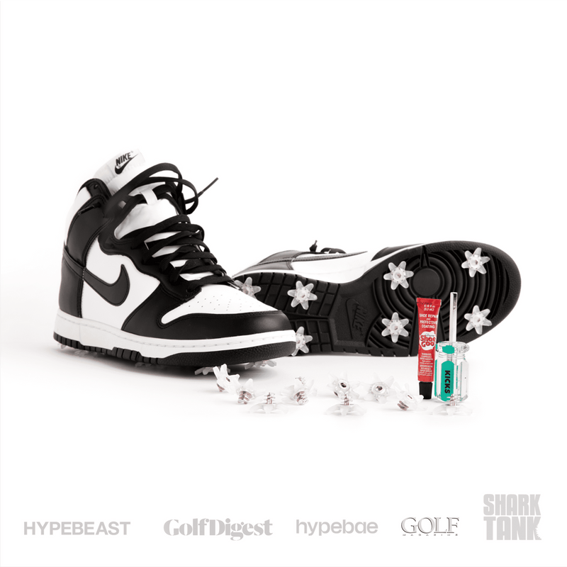 Golfkicks GOLFKICKS® V5 Traction Kit for shoes, includes cleats, adhesive, and installation tool, displayed with sneakers.