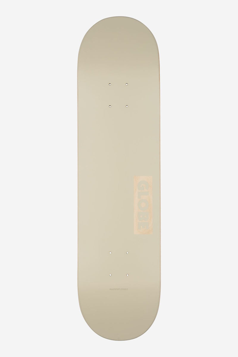 Top view of Goodstock Deck 8.0 inch off white skateboard deck with a subtle logo near the bottom