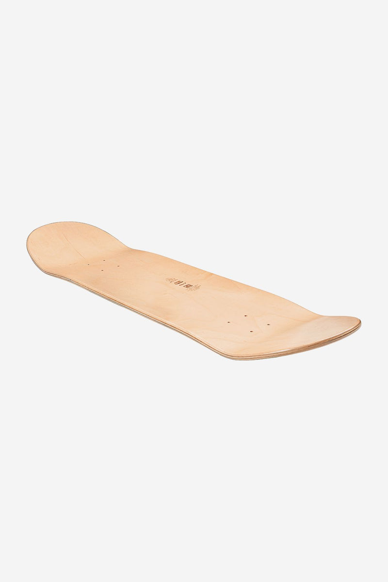 Angled side view of Goodstock Deck 8.0 Off White skateboard showing natural wood grain and rounded edges