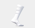 Feetures Graduated Compression Light Cushion Socks in white with gray accents and anatomical fit, side view.