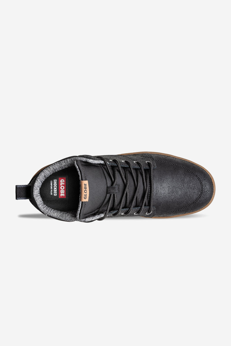 Top view of black oiled suede GS Boot with padded grey collar and brown cupsole