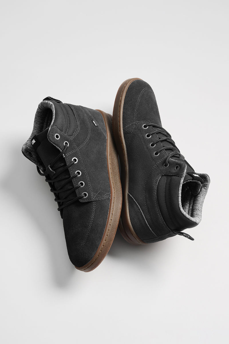 Pair of GS Boots in dark grey suede with black laces and tan cupsole