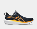 Black and orange running shoe on a light gray background