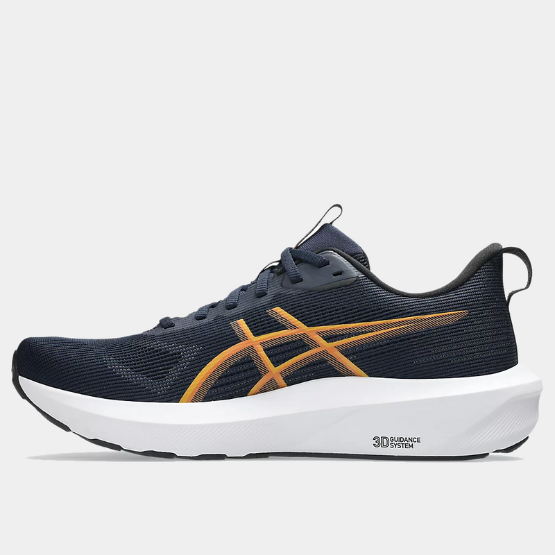 Asics GT-1000 14 running shoes in navy blue with orange detailing, engineered mesh upper, and 3D Guidance System, side view.