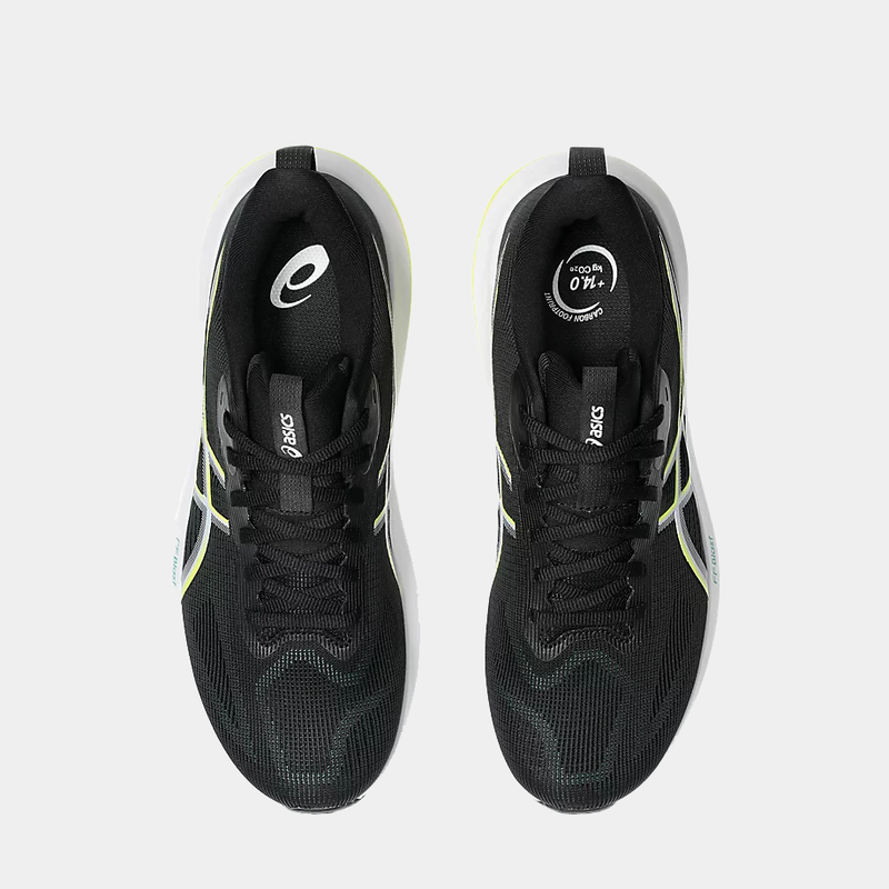 Asics GT-1000 14 running shoes top view in black with mesh upper, lace system, and lime green accents.