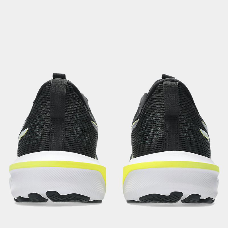 Asics GT-1000 14 running shoes in black with neon yellow accents and white midsole, back view showing heel counters.