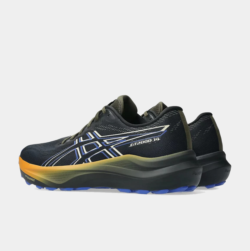 Asics GT-2000 14 GTX running shoes in black with orange and blue accents, Gore-Tex upper, and cushioned midsole, side view.
