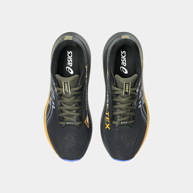 Asics GT-2000 14 GTX running shoes top view featuring black Gore-Tex mesh upper, olive laces, and orange accents.