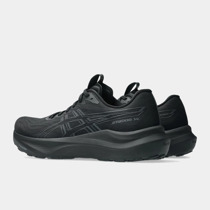 Asics GT-2000 14 running shoes in all-black with engineered mesh upper and padded midsole, side and back view.