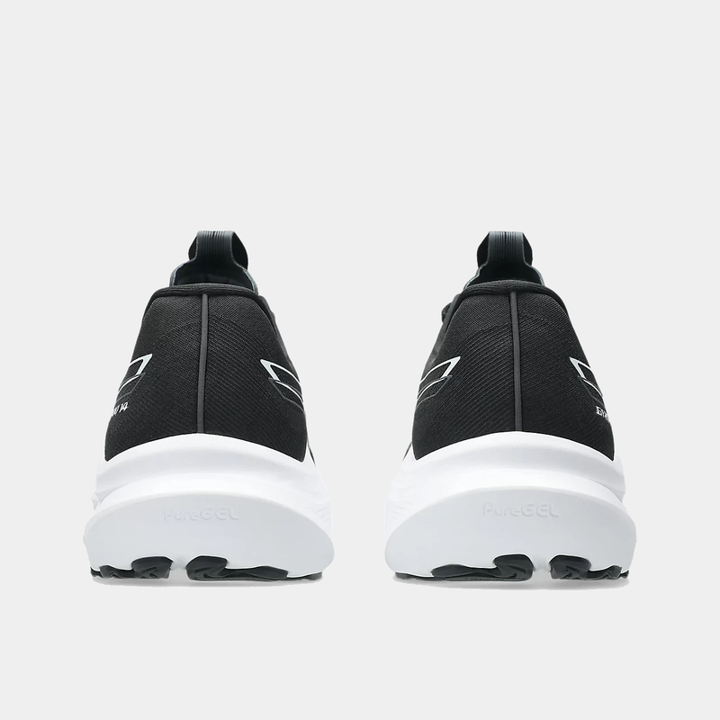 Asics GT-2000 14 running shoes back view in black with white midsoles and PureGEL cushioning.