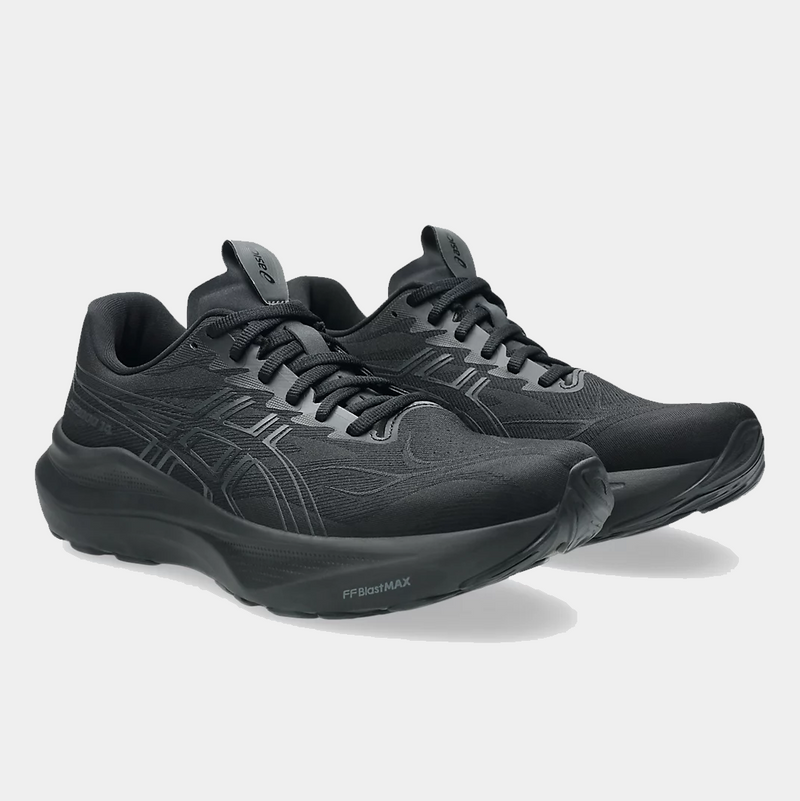 Asics GT-2000 14 running shoes in solid black featuring FF Blast midsole cushioning and breathable mesh upper, angled front side view.