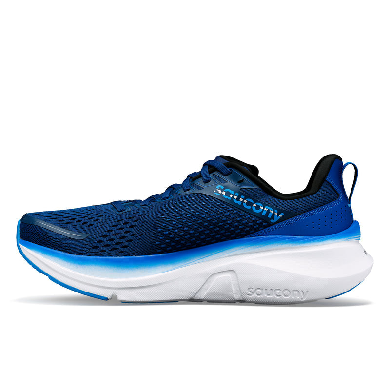 Saucony Guide 17 running shoes in blue with breathable mesh upper, white cushioned midsole, and side logo, side view.