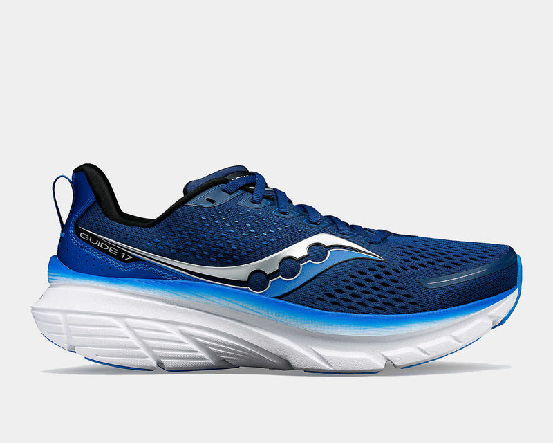 Saucony Guide 17 running shoes in blue with breathable mesh upper, silver logo detailing, and cushioned white/blue midsole, side view.