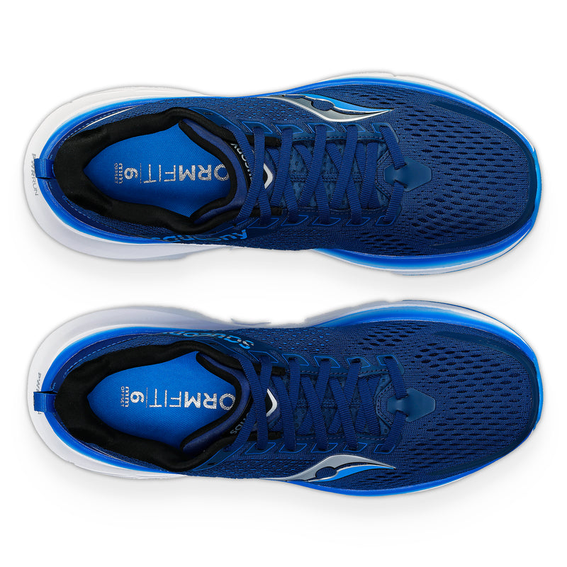 Saucony Guide 17 running shoes in blue with breathable mesh upper and lace-up closure, top view showing insole branding.