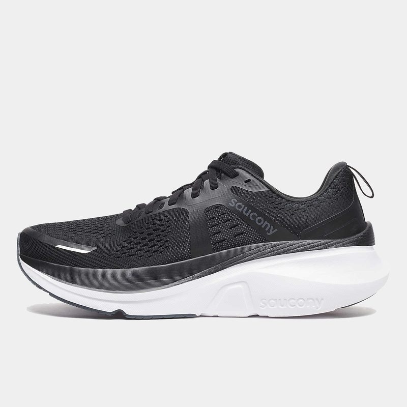 Saucony Guide 18 running shoes in black with engineered mesh upper and white cushioned midsole, side view.