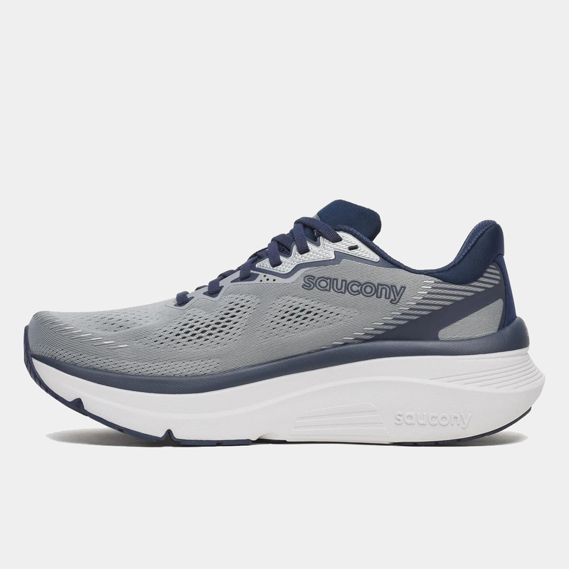 Saucony Guide 19 running shoes in gray and navy with mesh upper and cushioned midsole, side view.