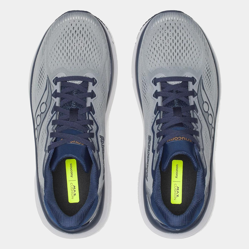 Saucony Guide 19 running shoes with light gray mesh upper, navy blue laces, and neon yellow insoles, top view.