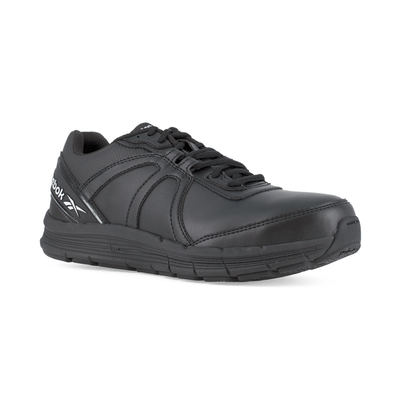 Reebok Work Guide Work Steel Toe work shoes in black with leather upper and slip-resistant outsole, side angle view.