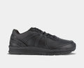 Reebok Work Guide Work shoes in all-black leather with mesh accents and slip-resistant outsole, side view.