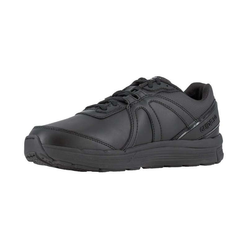 Reebok Work Guide Work black work shoes with durable leather upper, cushioned sole, and slip-resistant outsole, angled side view.