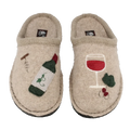 Beige Haflinger Winetime wool slippers with playful wine bottle and glass applique, warm boiled wool upper, and non-slip felt sole for cozy home comfort.