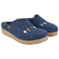 Blue Haflinger Roots wool felt clogs with vegetable embroidery, cork-latex footbed, and slip-resistant sole for breathable, supportive, all-day comfort indoors.