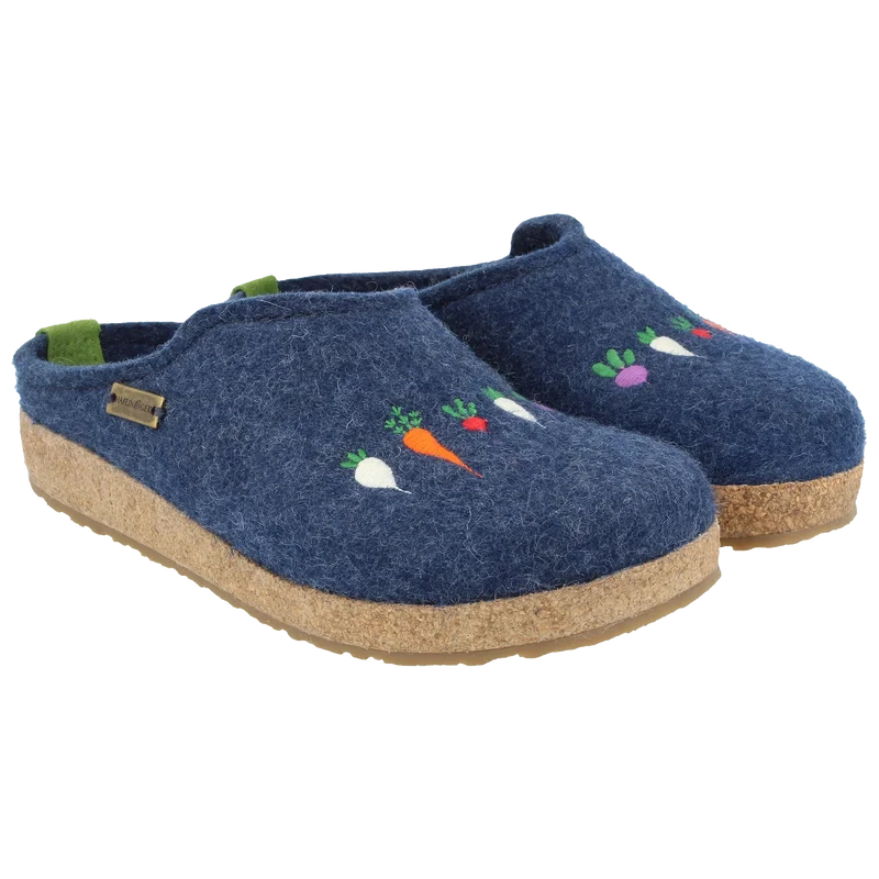 Blue Haflinger Roots wool felt clogs with vegetable embroidery, cork-latex footbed, and slip-resistant sole for breathable, supportive, all-day comfort indoors.