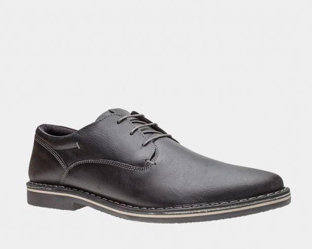 Steve Madden Harpoon dress shoes in black leather with lace-up closure and stitched detailing, side view.